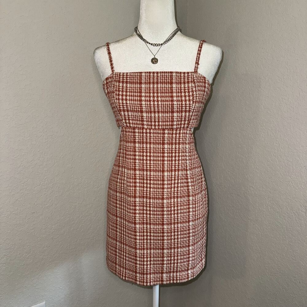 Forever 21 Sheath Dress Women Small Orange White Glen Plaid Cut-Out Preppy